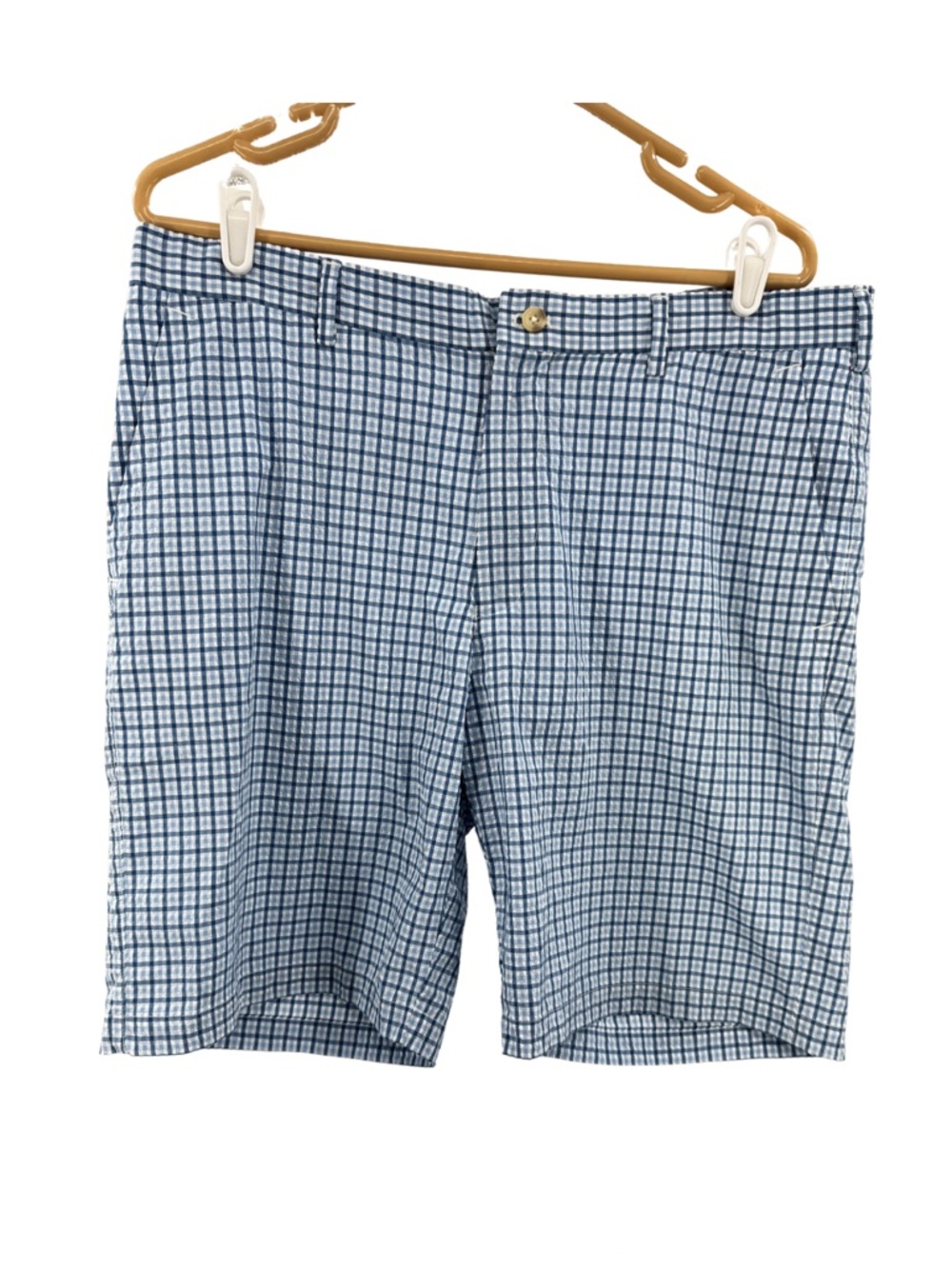 Peter Millar Light Blue White plaid Seersucker Shorts 35 golf lightweight casual